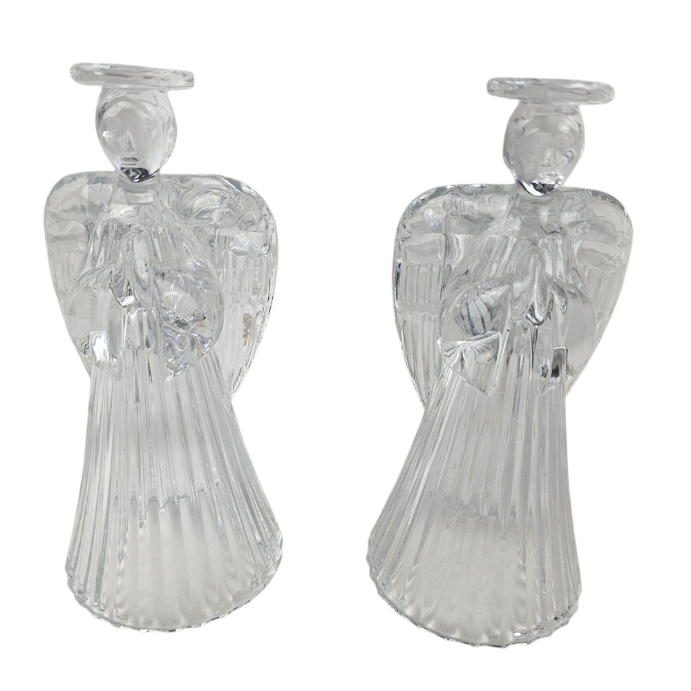 Crystal Angel Candle Holders Pair, Clear Glass Angel Figurine Candle Holders
